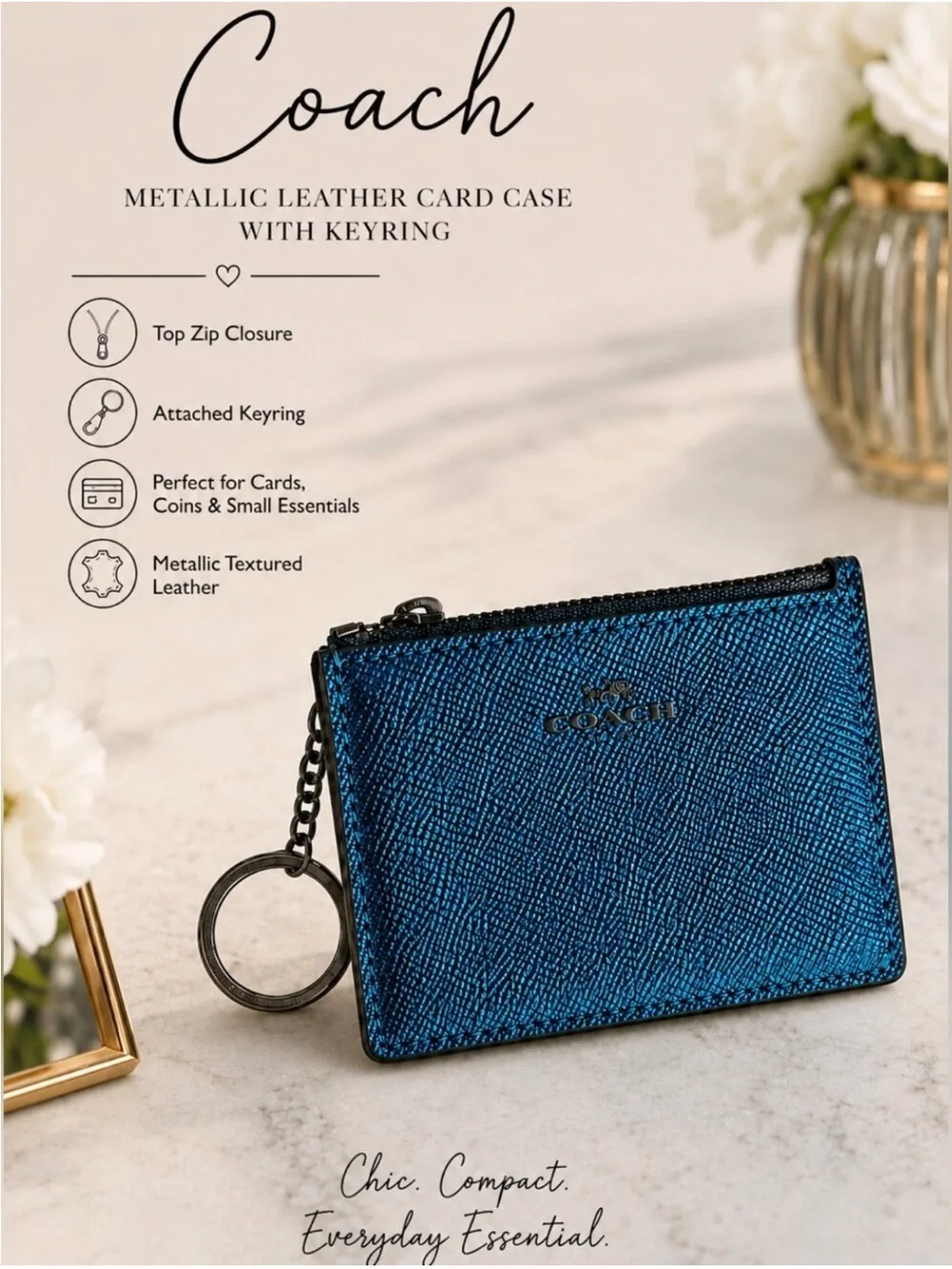 Coach Metallic Dark Turquoise Mini ID Skinny Case - 2017 - MSRP $78